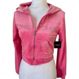 NWT Pink Bebe velour zip up cropped hoodie rhinestone logo XS